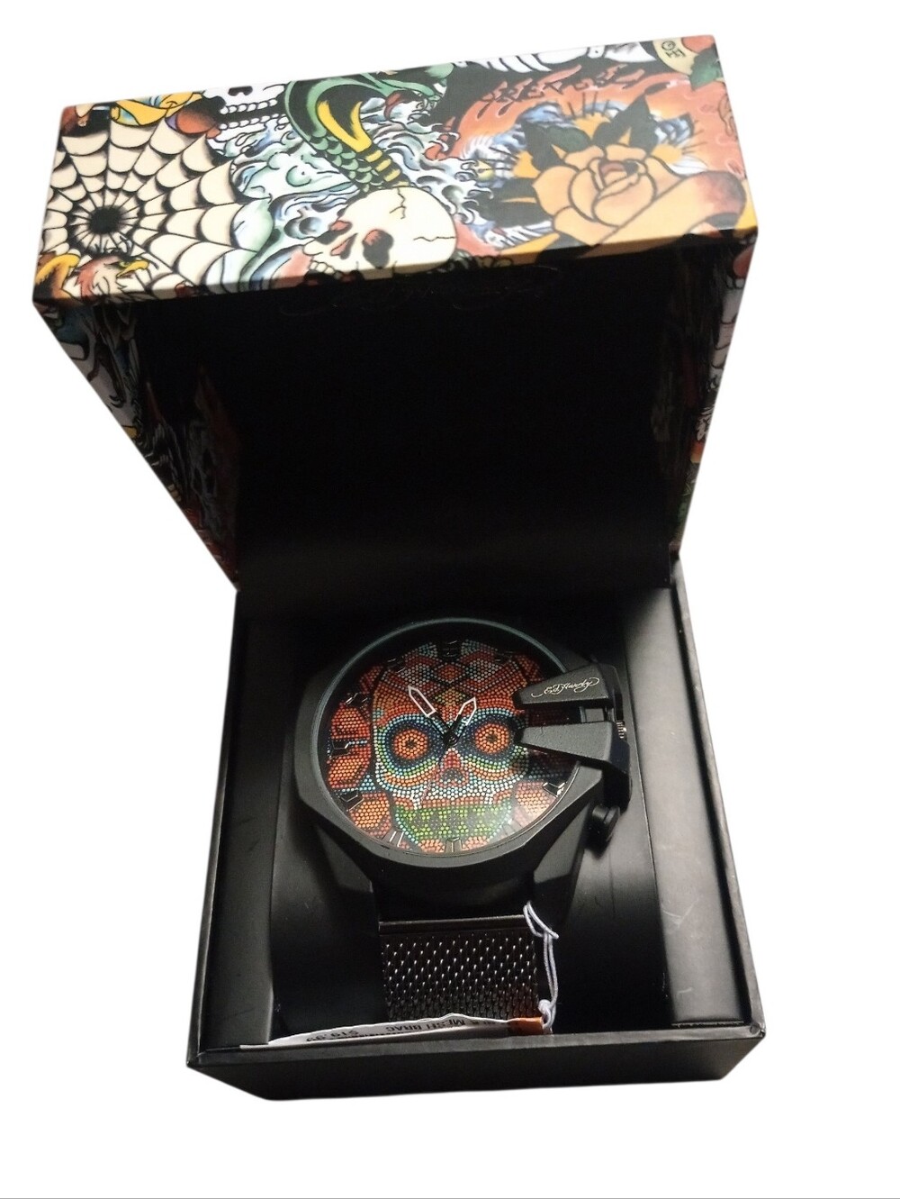 Ed Hardy Men's Black Mesh Strap Watch with Colorful Skull Dial, NWT